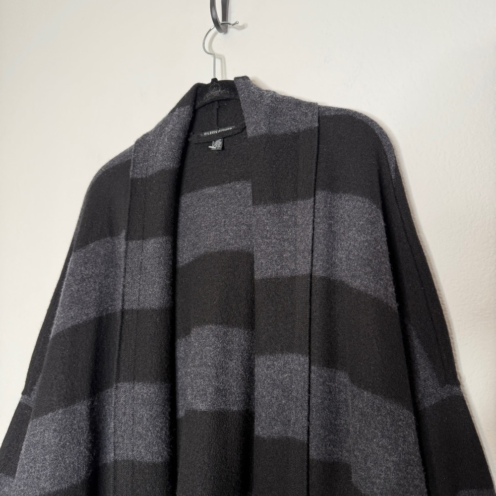 Eileen Fisher Merino Wool Striped Cardigan Black Gray Open Front Oversized L - Picture 2 of 8